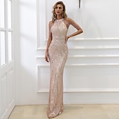 ieftine negru-Rochie neagră pentru invitat de nuntă rochie sirenă strălucitoare rochie de seară lungime până la podea fără mâneci decolteu înalt sequins cu franjuri rochie de mascaradă care impresionează