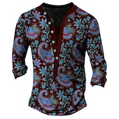 abordables Estilo étnico-Hombre Estampados Estampado Floral Henley Shirt Camisetas gráficas camisa de la vendimia Manga Larga Impresión 3d Moda Básico Casual Exterior Vacaciones Diario Primavera &amp; Otoño Burdeos Azul Marino