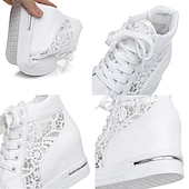 economico Sneakers da donna-sneakers da donna con zeppa traspiranti e pannello in pizzo – comode scarpe alte con lacci per uscite casual e abbigliamento estivo