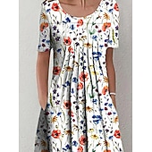 preiswerte Blumenkleid-Damen Midi Kleid Freizeitkleid Floral Kleid Weiß Kurzarm Floral Raffung Frühling Sommer Rundhalsausschnitt Basic Alltag Urlaub Wochenende