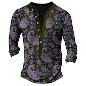 abordables Estilo étnico-Hombre Estampados Estampado Floral Henley Shirt Camisetas gráficas camisa de la vendimia Manga Larga Impresión 3d Moda Básico Casual Exterior Vacaciones Diario Primavera &amp; Otoño Burdeos Azul Marino