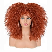economico Parrucche di altissima qualità-Parrucche ricci da 16 pollici per donne nere parrucca riccia afro bomba nera con frangia capelli ricci crespi lunghi senza colla in fibra sintetica