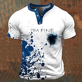 cheap Funny Words-I&#039;M Fine Mens Graphic Shirt Color Block Prints Fashion Basic Casual 3D Henley Tee Vintage Outdoor Daily Going Black Blue Red &amp; White Cotton