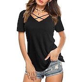 voordelige Effen t-shirt-T-shirt Dames Zwart-1 Wit Blozend Roze Effen Kruiselingse voorkant Dagelijks Basic V-hals Normale pasvorm M / M