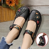 olcso Női lapos sarkú cipők-női piros bőr mezítlábas mary jane flats – hímzett virágos alkalmi kényelmes cipő tépőzáras pántokkal