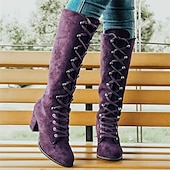 abordables Botas de moda-Botas azules con cordones hasta la rodilla para mujer con tacones en bloque para moda y ropa informal