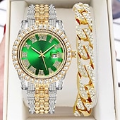 cheap Quartz Watches-Men&#039;s Quartz Watch with Chain Bracelet Set Fashion Luxury Bling Diamond Hiphop Analog Men Quartz Wristwatch Calendar Waterproof Men&#039;s Watch