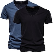 cheap Cotton Linen T-shirts-Men&#039;s T Shirt Tee Top Short Sleeves V Neck Summer Plain Fashion Designer Basic Vacation Street Going out White+Black White and Blue Orange / Green Top Tee for Men