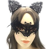 economico Maschera di Halloween &amp; Accessori-maschera mascherata in pizzo per donna, maschera mascherata nera per donna maschera per gatti fascia per orecchie di gatto con girocollo a cuore
