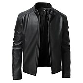 cheap Men&#039;s Jackets &amp; Coats-Male Faux Leather Jacket Transition Jacket Casual Daily Zipper All Seasons Pure Color Outdoor Standing Collar Faux Leather Black Jacket