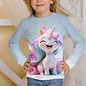 billiga Flickans 3D-tecknad film-Flickor 3D Grafisk Tecknat Enhörnings T-shirt Långärmad 3D-tryck Sommar Höst Aktiv Mode söt stil Barn 3-12 år Utomhus Ledigt Dagligen Normal