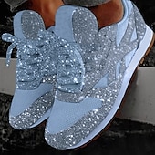 billige Sneakers til kvinner-kvinners sølvglitter joggesko mesh snøring med komfortabel såle