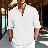 voordelige Vakantie-Voor heren Overhemd linnen overhemd Zomer overhemd Strand Kleding Normaal shirt Overhemd met knopen Effen Vakantie Curise Zwart Wit blauw Groen Lange mouw Strijkijzer Lente zomer Kleding