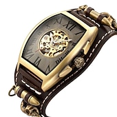 olcso Mechanikus órák-menő férfi stílusú automata mechanikus analóg óra steam punk rock gótikus bőr szíj fekete brwon óra golyó üreges faragott kivitel