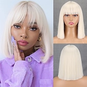 cheap Synthetic Trendy Wigs-Short Bob White Wig with Bangs Silver White Short Wigs for Women Straight Bob White Cospaly Hair Wig for Daily Party Halloween