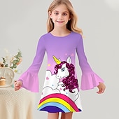 cheap 3D Unicorn Dress-Girls&#039; 3D Graphic Cartoon Unicorn Dress Long Sleeve 3D Print Summer Fall Vacation Sports &amp; Outdoor Daily Cute Casual Beautiful Kids 3-12 Years Casual Dress A Line Dress Above Knee Regular Fit