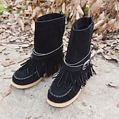 olcso Slouch Boots-női rojtos velúr mokaszin csizma csatos részletekkel - lezser és kényelmes western stílusú bokacsizma