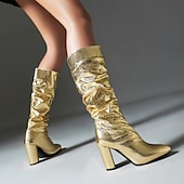 baratos Botas Slouch-botas femininas de cano alto, prateadas e metálicas – botas de salto bloco com estampa de cobra brilhante para moda de festa, clube e festival