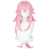 economico Parrucche da gioco-parrucca rosa per cosplay guuji yae miko capelli con frangia a coda di cavallo parrucca lunga riccia e soffice per festa di carnevale