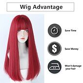 abordables Perruques Synthétiques Sans Bonnet-perruques rouges avec une frange rouge bordeaux synthétique longue perruque droite pour les femmes partie et cosplay perruque rouge vif