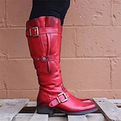cheap Biker Boots-Women&#039;s Purple Faux Leather Knee-High Boots with Buckle Straps and Side Zipper, Vintage Style Motorcycle Boots for Outdoor and Casual Wear