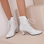abordables Botines-Botines blancos con cordones para mujer, paneles bordados y tacón medio: estilo victoriano elegante para ocasiones formales