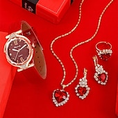 abordables Relojes de Cuarzo-5 unids/set de relojes para mujer, reloj de pulsera de cuero para mujer, reloj de pulsera simple e informal a la moda para mujer y regalo de joyería