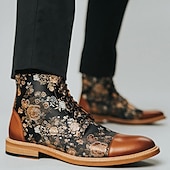 cheap Jacquard shoes-Men&#039;s Floral Jacquard and Brown Faux Leather Lace-Up Boots - Vintage Oxford Ankle Boots with Retro Style for Casual and Formal Wear