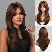 cheap Synthetic Trendy Wigs-Red Wigs for WomenLong Layered Wigs with Bangs Heat Resistant Synthetic Fibre Wigs Halloween Cosplay Party Wigs