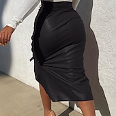 cheap Plain Skirts-Women&#039;s Skirt Bodycon Fashion Casual Midi High Waist Skirts Solid Colored Maillard Split Ends Vacation Street Black Wine Brown Spring Faux Leather Leather