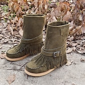 olcso Slouch Boots-női rojtos velúr mokaszin csizma csatos részletekkel - lezser és kényelmes western stílusú bokacsizma
