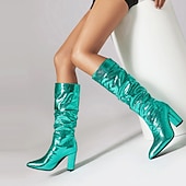 baratos Botas Slouch-botas femininas de cano alto, prateadas e metálicas – botas de salto bloco com estampa de cobra brilhante para moda de festa, clube e festival