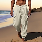 baratos Feriado-Homens Calças Cargo Corredor Calças de linho Calças Calça verão Com Cordão Cintura elástica Bolso multi Tecido Conforto Respirável Casual Diário Feriado Moda Estilo Clássico Preto Branco
