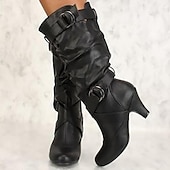 levne Slouch Boots-dámské vysoké boty ke kolenům s řemínky na přezku a štíhlým designem se středním podpatkem a všestranným stylem pro běžné i večerní nošení