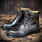preiswerte Stiefeletten-Blaue Stiefeletten aus Lackleder mit Python-Print und Schnürung für Herren – auffällige Hochglanzstiefel für modische Freizeit- und Abendlooks