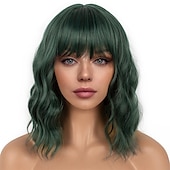 levne Syntetické trendy paruky-krátké bobové paruky s ofinou pro ženy volná vlnitá paruka kudrnatá vlnitá délka po ramena bob syntetická cosplay paruka pro dívky barevné kostýmní paruky