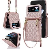 お買い得  サムスン用ケース-電話 ケース 用途 サムスンのギャラクシー Zフリップ6 Z Flip 5 Z Flip 4 Z Flip 3 ハンドバッグの財布 ウォレットカードケース ジッパ－ 取り外し可能なクロスボディストラップ付き リストストラップ付き レトロ風 PC PUレザー