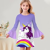 cheap 3D Unicorn Dress-Girls&#039; 3D Graphic Cartoon Unicorn Dress Long Sleeve 3D Print Summer Fall Vacation Sports &amp; Outdoor Daily Cute Casual Beautiful Kids 3-12 Years Casual Dress A Line Dress Above Knee Regular Fit