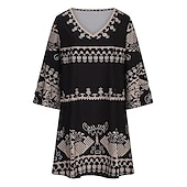 olcso Boho ruhák-Női Mini Ruha Kényelmes Ruha Félformális Ruha Kicsi Ruha Napernyő Divat Klasszikus Ráncolt Ujjú Nyaralás Napi Ünnep Normál Fit Állatos Mintás 3/4 Hosszú Ujj V Nyak Fekete Nyár