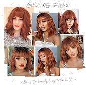 economico Parrucche trendy sintetiche-parrucche ramate con frangia parrucca zenzero parrucca rosso arancio parrucca ondulata lunghezza spalle parrucca parte centrale capelli per donna