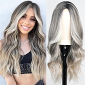economico Parrucche trendy sintetiche-Parrucca ondulata lunga ombre bionda mista marrone evidenziata per le donneParrucca ondulata riccia parte centrale Parrucca in fibra sintetica resistente al calore dall&#039;aspetto naturale per l&#039;uso
