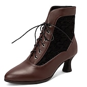 abordables Botines-Botines blancos con cordones para mujer, paneles bordados y tacón medio: estilo victoriano elegante para ocasiones formales