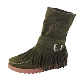 olcso Slouch Boots-női rojtos velúr mokaszin csizma csatos részletekkel - lezser és kényelmes western stílusú bokacsizma
