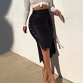 cheap Plain Skirts-Women&#039;s Skirt Bodycon Fashion Casual Midi High Waist Skirts Solid Colored Maillard Split Ends Vacation Street Black Wine Brown Spring Faux Leather Leather