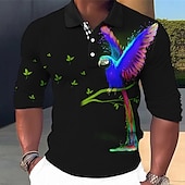 abordables Polo imprimé animal pour homme-Homme Perroquet Polos Hawaïens Chemise de golf manche longue Polos Chemises à Col Occasionnel Drôle Tenue de plage Vêtements de vacances Tenues de fête Boutons Impression 3D Automne &amp; Hiver Jaune