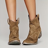 abordables Bottines-bottines western en faux daim marron pour femmes – bottes de cowboy à talon bas de style vintage pour tenues décontractées