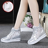 economico Sneakers da donna-sneakers da donna con zeppa traspiranti e pannello in pizzo – comode scarpe alte con lacci per uscite casual e abbigliamento estivo