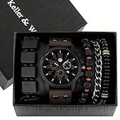 cheap Quartz Watches-Keller Weber 5Pcs Watches Bracelet Set Luxury Men Quartz Wristwatches Leather Band Fahsion Casual Watch For Men Gift For Boyfriend