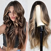 economico Parrucche trendy sintetiche-Parrucca ondulata lunga ombre bionda mista marrone evidenziata per le donneParrucca ondulata riccia parte centrale Parrucca in fibra sintetica resistente al calore dall&#039;aspetto naturale per l&#039;uso