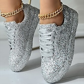 economico Sneakers da donna-sneakers da donna con plateau e glitter argento - scarpe casual con lacci scintillanti per feste e street style